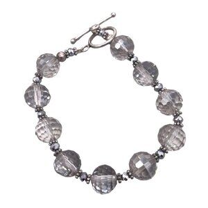 925 Sterling Silver Crystal Faceted Beaded Wire Bangle Bracelet Toggle Closure